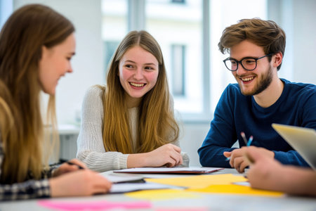 Group of students studying together in a classroom. Education and school concept.の素材