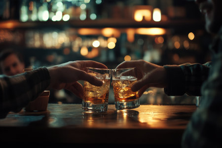 Close-up of male hands with glasses of whiskey on bar counterの素材