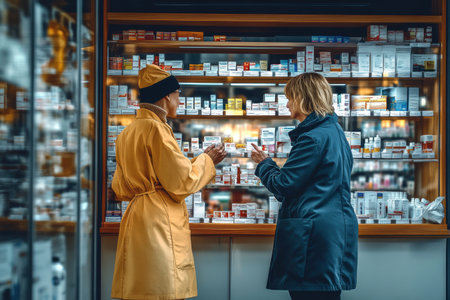 Two female pharmacists in coats are looking at each other and smiling while standing in the drugstoreの素材