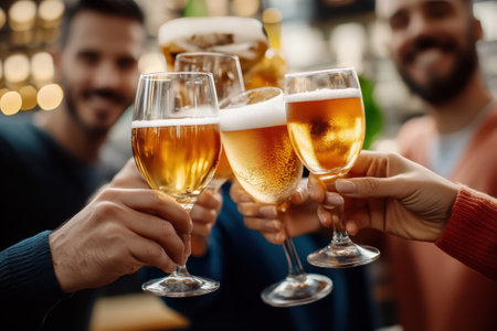 close up of group of friends clinking glasses with beer at barの素材