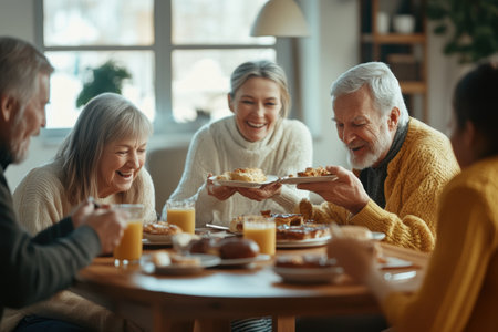 Happy senior family having breakfast together at home. Selective focus.の素材