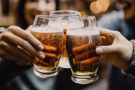 Close up of female hands holding glasses of beer. Focus on glassesの素材