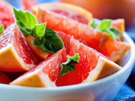 grapefruit with mint in a bowl on a table, selective focusの素材