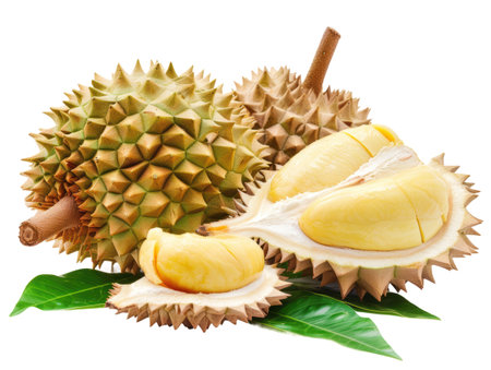 Fresh durian fruit isolated on white background with clipping path and full depth of fieldの素材