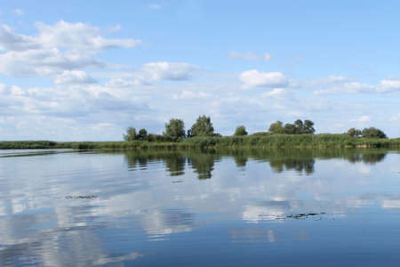 Islands with reeds and trees in the channels of the Volga riverの写真素材