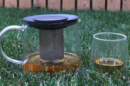 Glass teapot and glass with tea on the lawn in the gardenの写真素材
