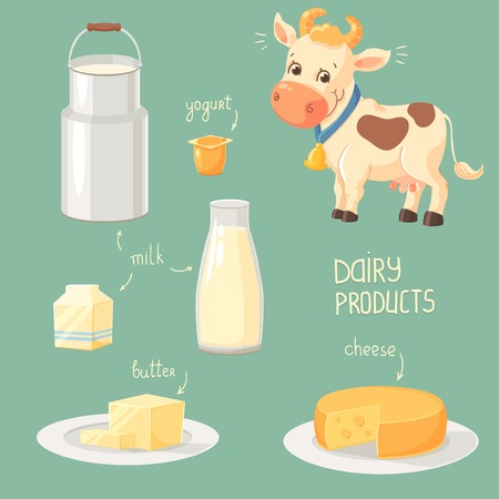 Cartoon cow and collection of dairy product iconsのイラスト素材