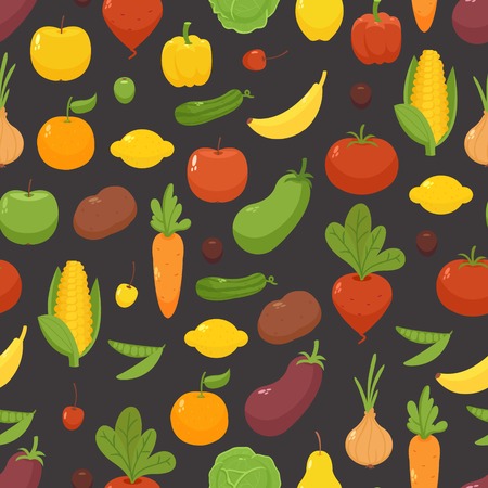Black seamless background with vegetables and fruitsのイラスト素材