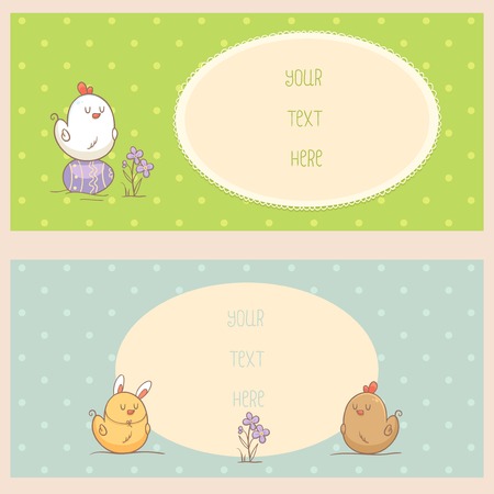 Two Easter Banners with cute chickensのイラスト素材