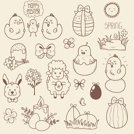Collection of cute Easter characters, doodles styleのイラスト素材