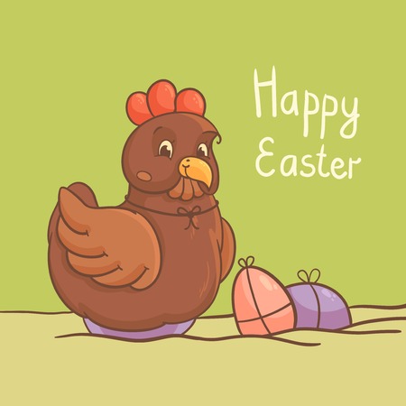 Card with brown hen sitting on Easter eggのイラスト素材