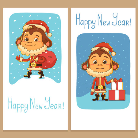 Banners with Cartoon Monkey Dressed as Santa Clausのイラスト素材