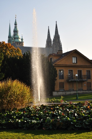 Royal Garden in Prague with towers of St. Vitus Cathedralの写真素材