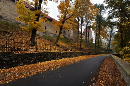 autumn way around the Castle in Bechyneのeditorial素材