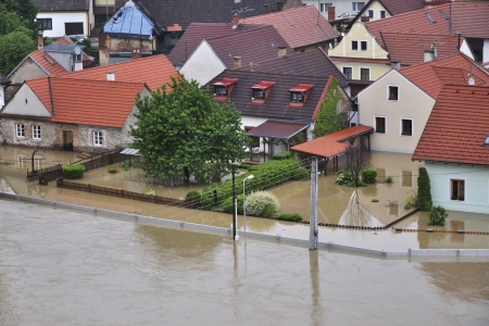 Flooding river Luznice, Czech Republic, village - Bechyneの写真素材