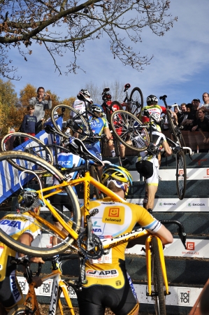 TABOR, CZECH REPUBLIC - OCTOBER 26, Group in Cyclo-cross race UCI WORLD CUP Men ELITE on october 26, 2013 in Tabor, Czech Republicのeditorial素材