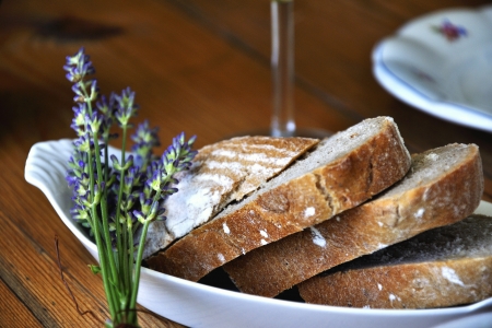 Freshly traditional bread in rural setting with lavender
