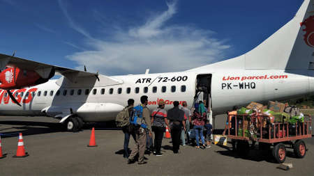 Kolaka, Indonesia - January 10, 2019 - Passengers who want to board a plane at Kolaka Nibandera...