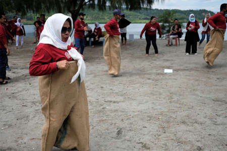 Kolaka, Indonesia-August 16,2020: Sack race to celebrate Indonesia's independence day