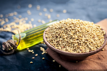 oil of Trigonella foenum-graecum,methi,fenugreek in a clay bowl with its seed.の写真素材