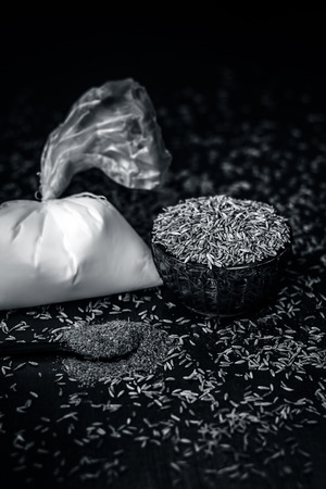 Close up of ingredients of ayurvedic treatment of stomaches i.e.cumin, Cuminum cyminum and Yogurt, Lactobacillus,curd.の写真素材