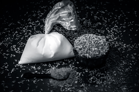 Close up of ingredients of ayurvedic treatment of stomaches i.e.cumin, Cuminum cyminum and Yogurt, Lactobacillus,curd.の写真素材