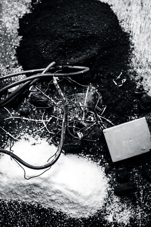 Close of ingredient or mixture of Earthing system or Grounding system i.e Coal,coal powder,salt,sodium chloride,and wires.の写真素材