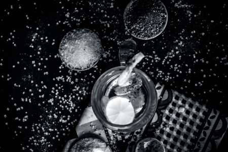 Close up of Indian most popular summer drink Nimbu pani or Nimbo sarbat,Lemonade in a transparent glass with salt.の写真素材