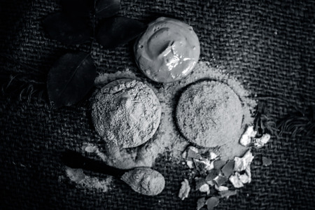 Close up of herbs's powder and paste i.e mulpani mitti,fuller's earth , dried orange peel and rose...