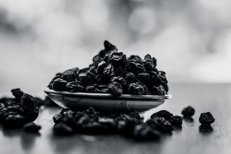 Black raisin or kali kishmish or Zante currant in a white plate on wooden surface in dark Gothic colors to decreases the chance of Dehydration.の写真素材