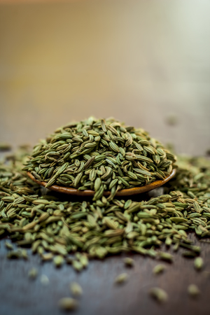 Raw dried fennel seeds or variyali or Foeniculum vulgare in a brown plate on wooden surface.の写真素材