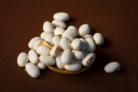 Ayurvedic herb kuanch,cowhage,Mucuna pruriens with powder in a brown plate with its powder and raw kuanch for premature ejaculation, erectile dysfunction and other sperm related diseases.の写真素材