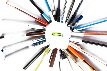 Close up of crayons assembled in a circular portion and a eraser in centre Concept of get back to school.;の写真素材