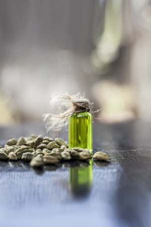 Raw organic green cardamom or elaichi or Elettaria cardamomum or true cardamom with its essence on wooden surface used in many beverages as a flavoring liquid.の写真素材