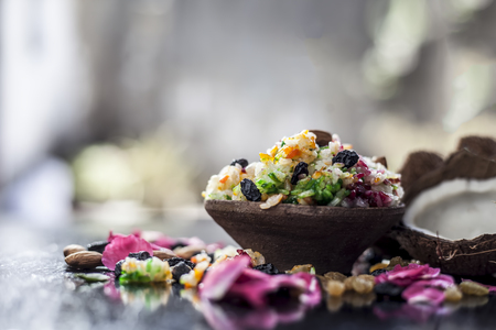 Close up of Indo and Islamic dessert dish Metha Zarda or Sweet Rice or Zarda or Shkrana with all dry...