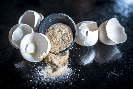 Powder or Ground egg shells with warm water used as a calcium supplement and popular in Asia and...