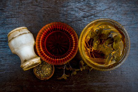 Effective and faithful ayurvedic home remedy for Fever and may be common cold: Raw honey, black pepper and mint or peppermint.の写真素材
