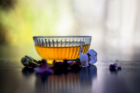 Close up of best face pack to remove acne and pimples form oily skin on wooden surface i.e. Rice flour,aloevera, rose water or gulab ka pani and honey,Top shot view.の写真素材