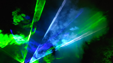 Green,Blue and white with yellow color light trails.の写真素材