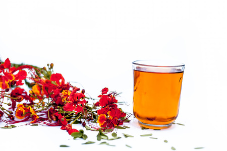 Close up shot of herbal organic fresh extract of peacock flowers in a transparent  glass  with flowers isolated on white.の写真素材