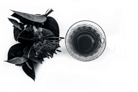 Close up of red colored pentas flower or Egyptian Star Flower or jasmine isolated on white with its extracted herbal and medicinal tea in a small transparent glass bowl.の写真素材