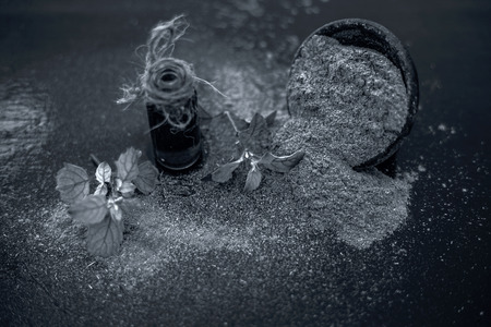 Ayurvedic herb brahmi or Waterhyssop with its essence  in a small transparent glass bottle along with its powder on wooden surface.の写真素材