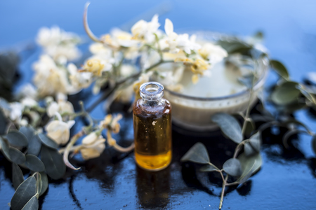 Herbal and floral essence or concentration of drumstick flowers along with its paste on wooden surface.の写真素材