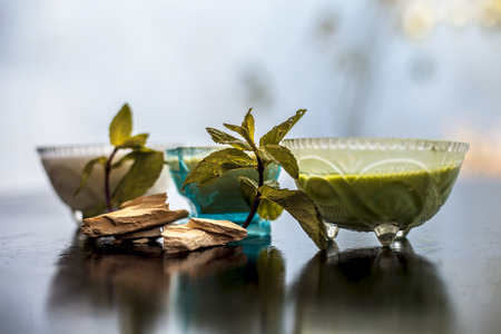 Face pack of fuller's earth or mud of multan or bleaching clay on wooden surface along with curd and mint leaves. This face pack is used to nourish,hydrates cleans skin.の写真素材
