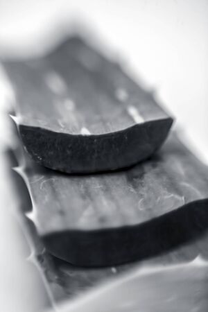 Macro shot of raw cut slices of aloevera isolated on white.の写真素材