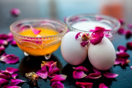 Anti-aging face pack i.e.  Milk and egg face pack in a glass bowl on shiny black surface with some rose petals and entire of its constituents with it.の写真素材