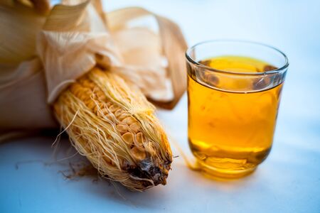 Raw organic fresh corn cob isolated on white along with its extracted fresh extract in a glass.