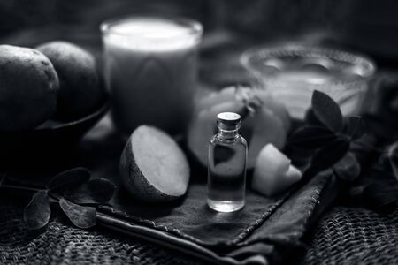 Potato face mask for wrinkles on jute bags surface i.e. potato juice well mixed with glycerin and milk.の写真素材