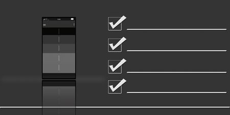 Cell phone illustration along with some blank lines and some checkboxes on blue background.の写真素材