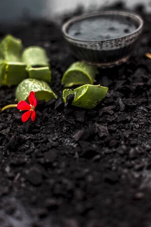 Aloe vera gel hair mask in a glass bowl consisting of activated charcoal & some aloe vera gel. To detoxify and deodorize your hair, On the wooden surface in dark colors.の写真素材